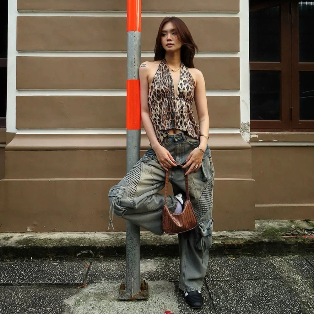 H&M Summer Leopard Print Sequin Halter Backless Tank Top